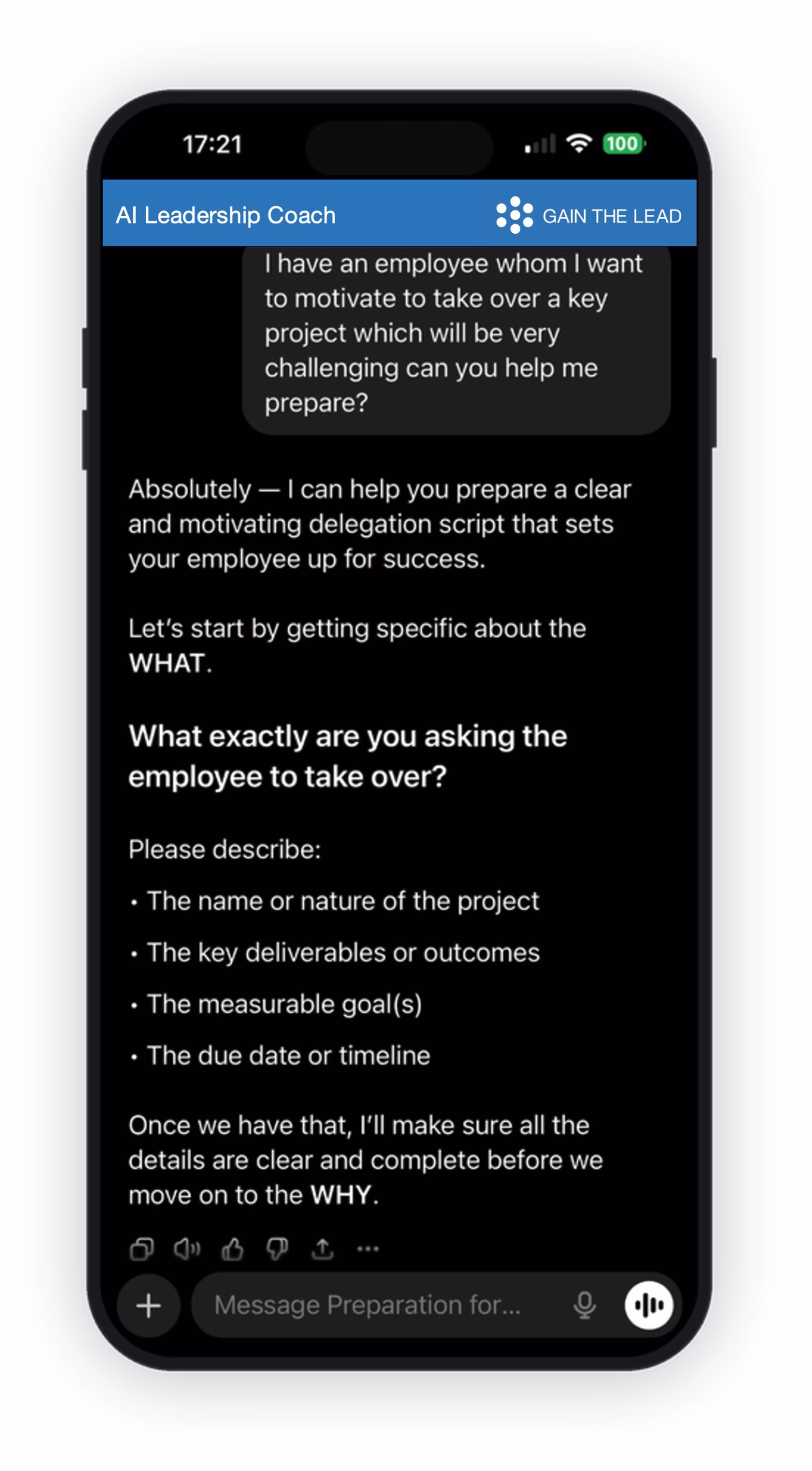 Screenshot von Gain the Lead AI Leadership Coach – einem maßgeschneiderten KI-Bot, um echte Führungssituationen zu üben